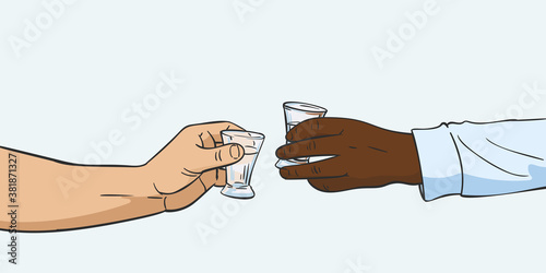 Two hands of different races clinking shot glasses with alcohol vodka drink, Vector illustration isolated