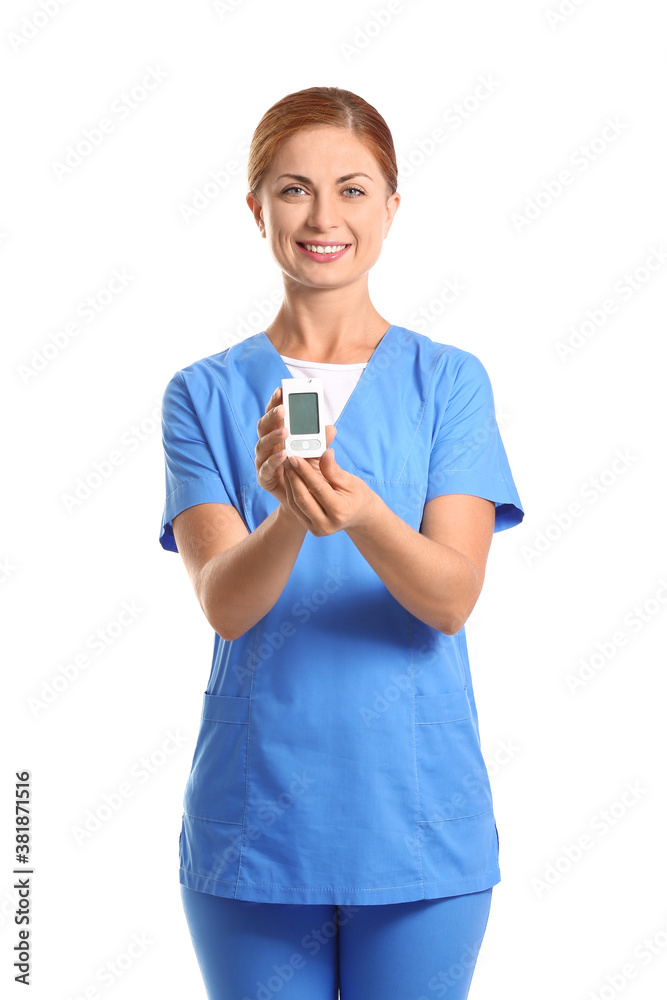 Doctor with digital glucometer on white background. Diabetes concept