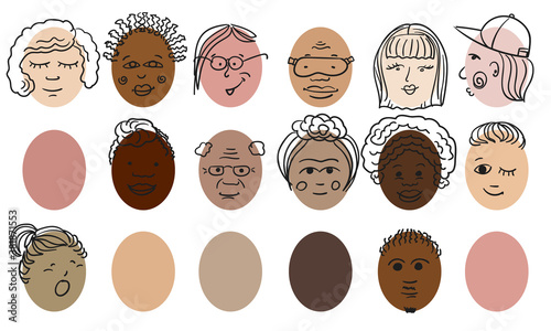 People of different nationalities head portraits, Different skin color, hair, face simple hand drawn avatars. Diversity, race equality and multicultural concept. Vector sketch easy childish style