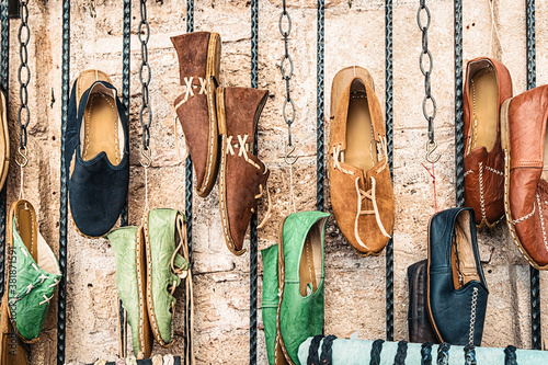 Εκτύπωση καμβά Turkish leather moccasin shoes made by artisans by hand are offered for sale in the open market Bazaar