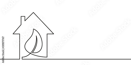 Continuous one line drawing leaf inside house, Green energy home, ecological city symbol. Minimalist contour vector illustration made of single thin line black and white