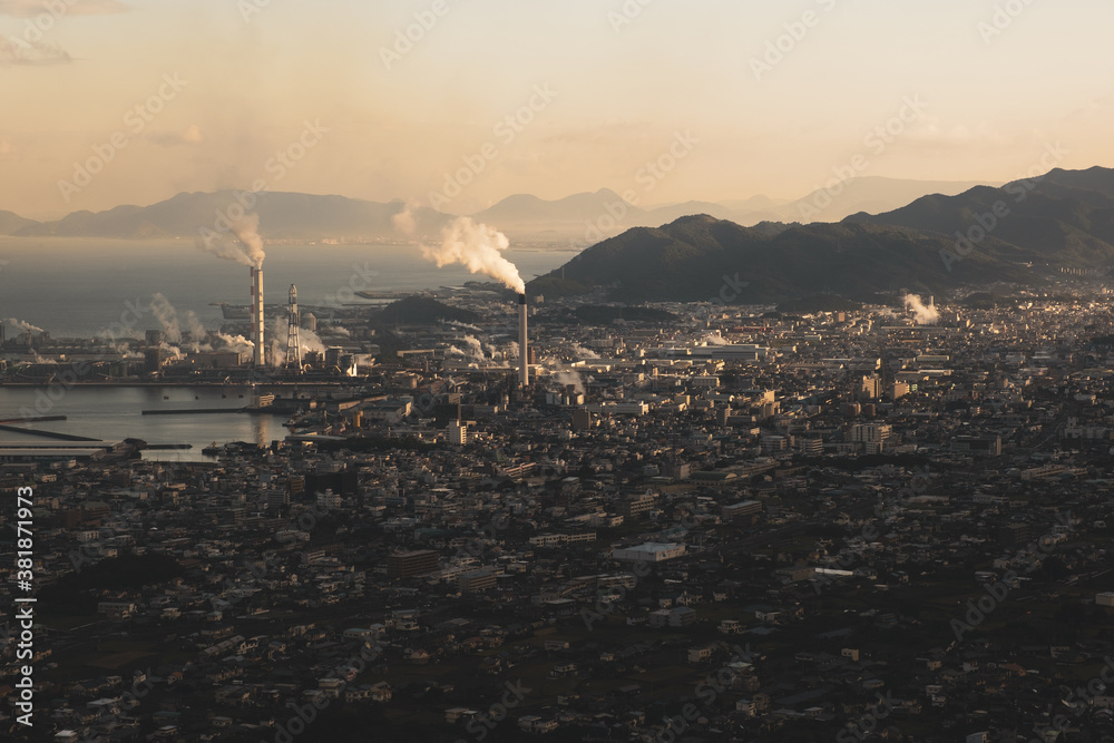 The Industrial City with Many Buildings and Plants in The Morning, Ehime Prefecture in Japan