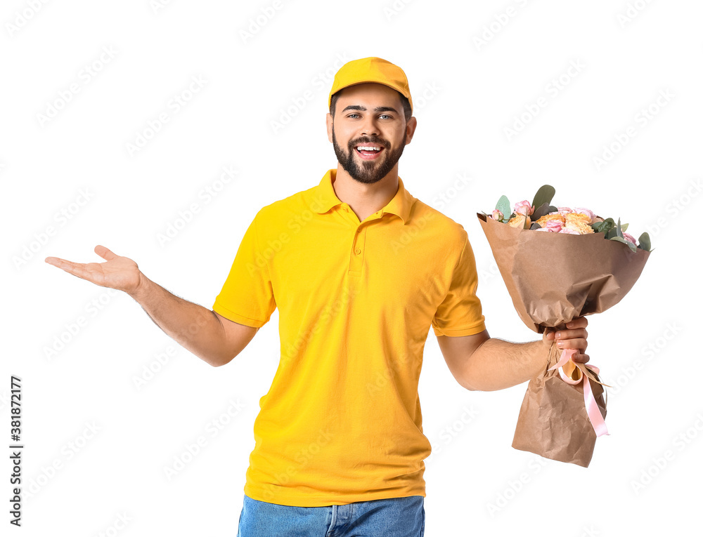 Delivery man with bouquet of flowers on white background Delivery man with bouquet of flowers on white background