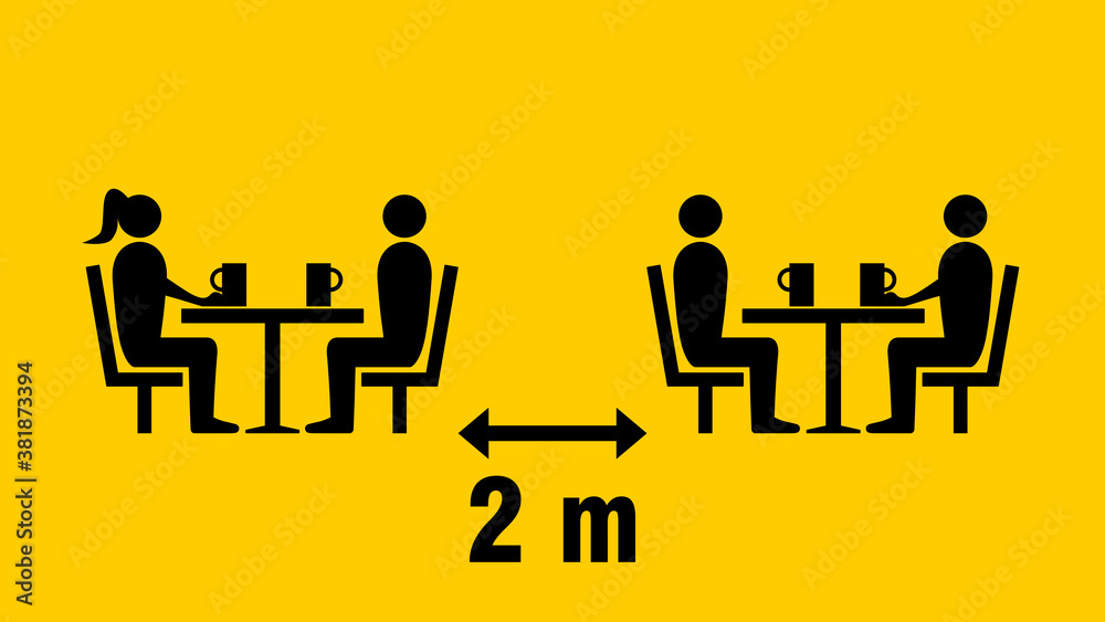 Social Distancing Keep a Safe Distance of 2 m or 2 Metres between the Tables in Cafe or Restaurant Icon. Vector Image. Social Distancing Keep a Safe Distance of 2 m or 2 Metres between the Tables in Cafe or Restaurant Icon. Vector Image.