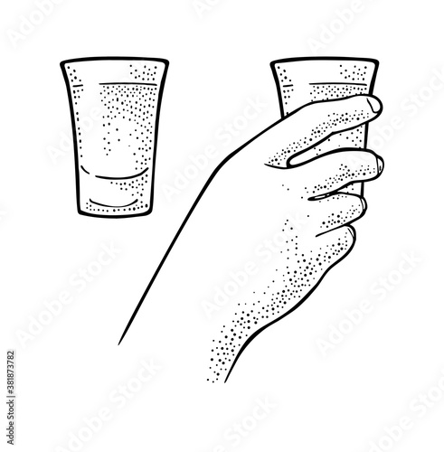 Female hand holding glass tequila. Vintage vector engraving