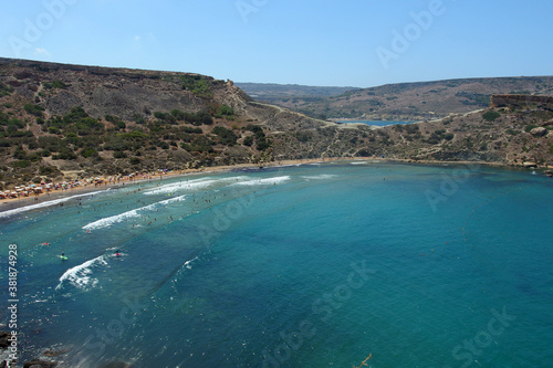 beautiful sandy beach on Malta island with clear blue sea