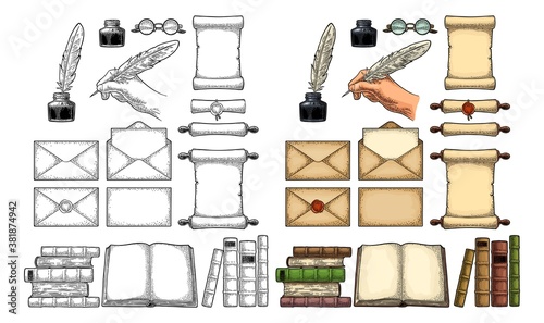 Set education. Inkwell with feather, pile books, glasses, candle. Engraving