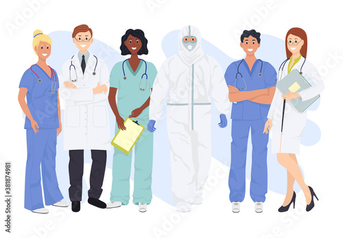 Banner with a multicultural group of medics. Medical team doctor nurse therapist surgeon professional hospital workers, group of medics.