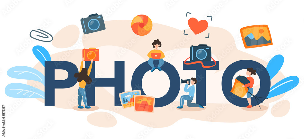 Fototapeta premium Photo typographic header concept. Professional photographer with camera