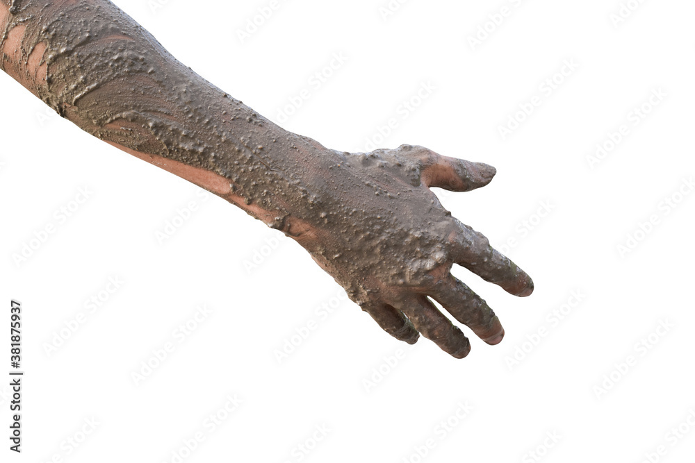 Hand covered with mud isolated on white background with clipping path. Hand covered with mud isolated on white background with clipping path.