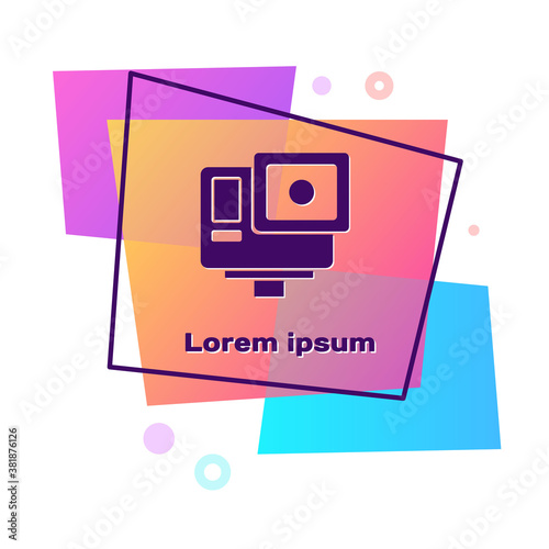 Purple Action extreme camera icon isolated on white background. Video camera equipment for filming extreme sports. Color rectangle button. Vector.