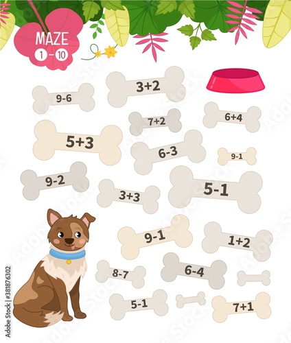 Maze game for children. Farm animals collection. Help the dog to find the bowl.