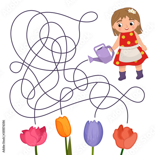 Maze game for children. Help the girl water the flower.
