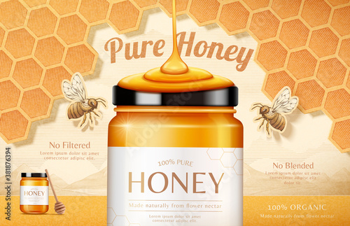 Honey ad with honeycomb engraving