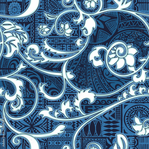 Hawaiian flourish style with tribal fabric patchwork vintage vector seamless pattern