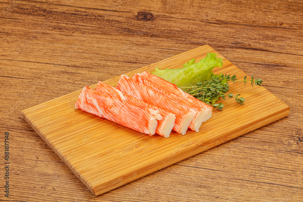 Crab sticks served salad leaves Crab sticks served salad leaves