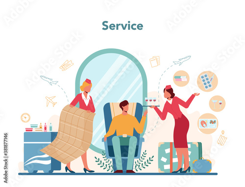 Stewardess service concept. Beautiful female flight attendants help