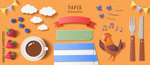 Breakfast element set in paper cut