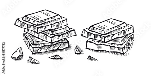 Pieces of black and white chocolate, hand drawn illustrations.