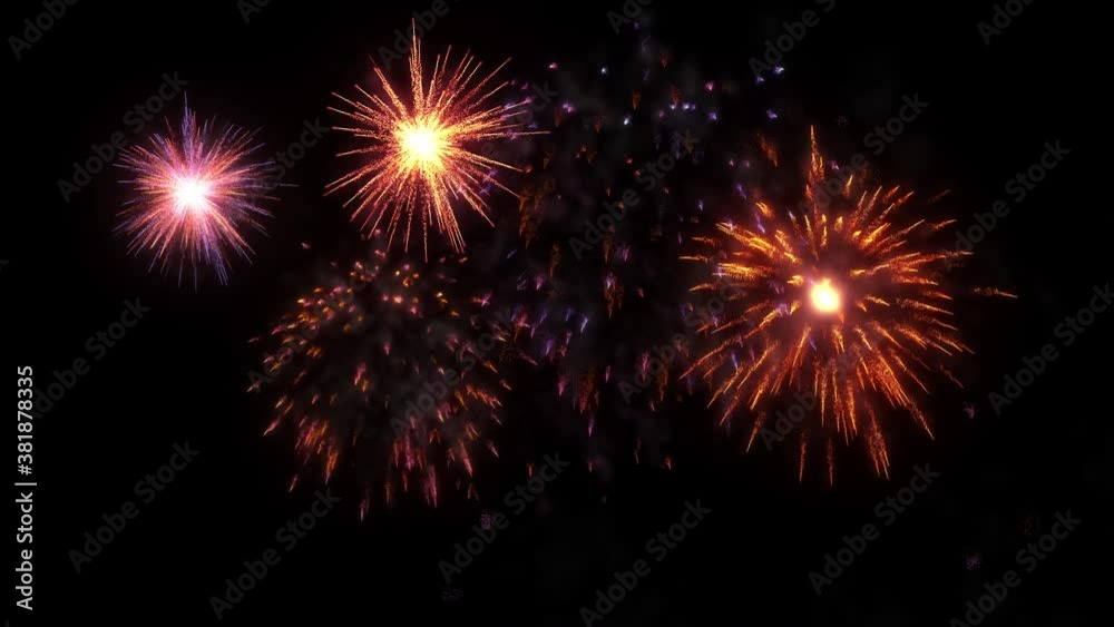 4K 3d animation pyrotechnic light show. Multi colored fireworks for holiday background such as New Year eve, Christmas, an other celebration. Firecrackers show are isolated on black for compositing. 4K 3d animation pyrotechnic light show. Multi colored fireworks for holiday background such as New Year eve, Christmas, an other celebration. Firecrackers show are isolated on black for compositing.