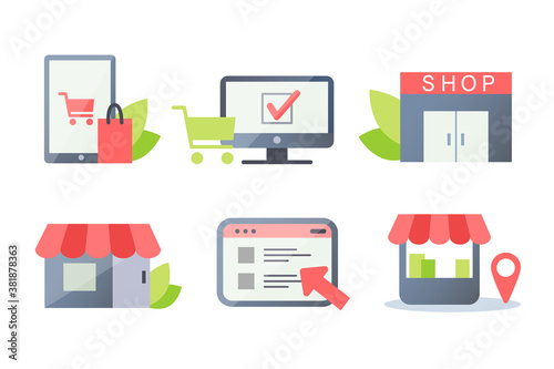 Set of vector icons for online and offline stores, online shopping