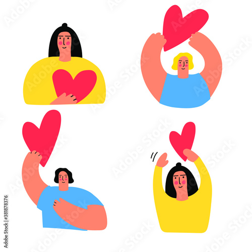 Set of people volunteers. People holding big red hearts. Illustration about  on white background. 