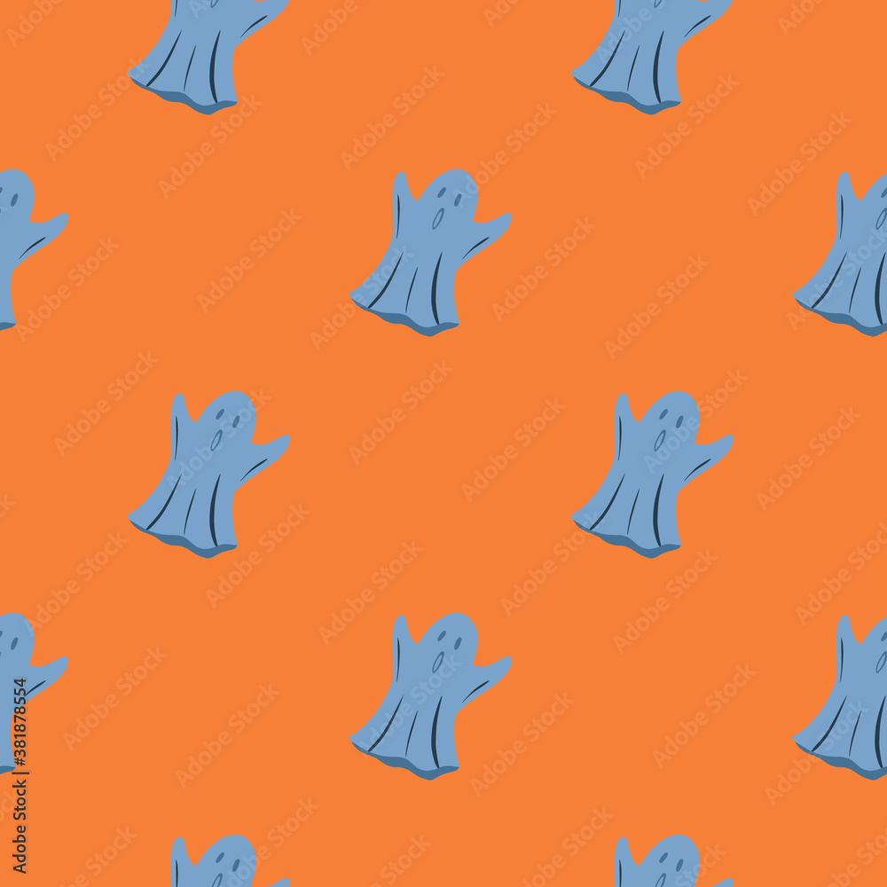 Fototapeta premium Minimalistic halloween print with ghosts seamless pattern. Blue spooky print on orange background.