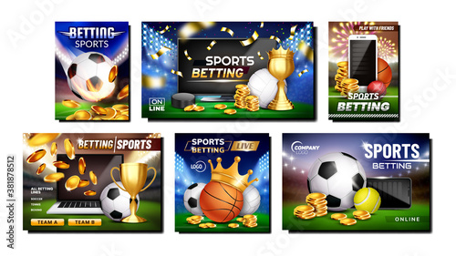 Betting Sports Promotional Posters Set Vector. Tennis And Soccer, Cricket And Basketball, Hockey And Volleyball Betting Sportive Games Advertising Banners. Style Color Concept Template Illustrations
