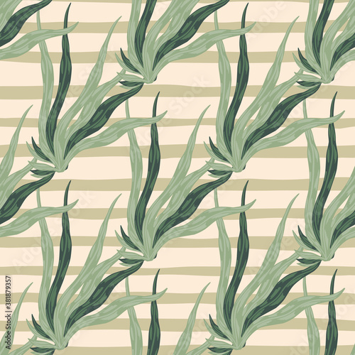 Light green seaweed seamless pattern. Beige stripped background. Botanic aqua backdrop.