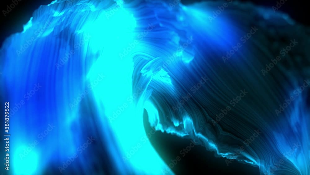 Blue vibrant glowing abstract shape flowing against black background Blue vibrant glowing abstract shape flowing against black background