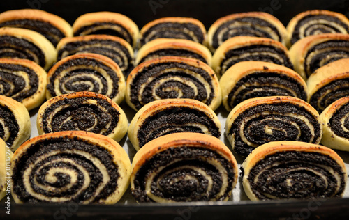 baked pieces of poppy seed strudels close up photo