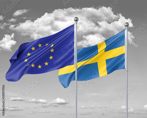 Two realistic flags. European Union vs Sweden. Thick colored silky flags of European Union and Sweden. 3D illustration on sky background. - Illustration