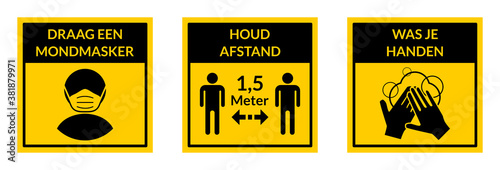 Square Warning Signs in Dutch Showing a Basic Set of Measures against the Spread of Covid-19 including Wear a Face Mask, Keep Your Distance 1,5 Meters and Wash Your Hands. Vector Image.