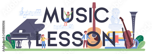 Music lesson typographic header. Young performer playing music