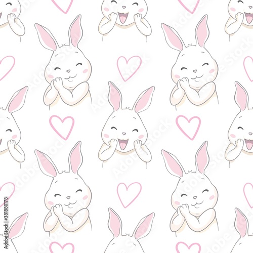 Cute Rabbit with bow sketch vector illustration pattern seamless, hand drawn bunny Background