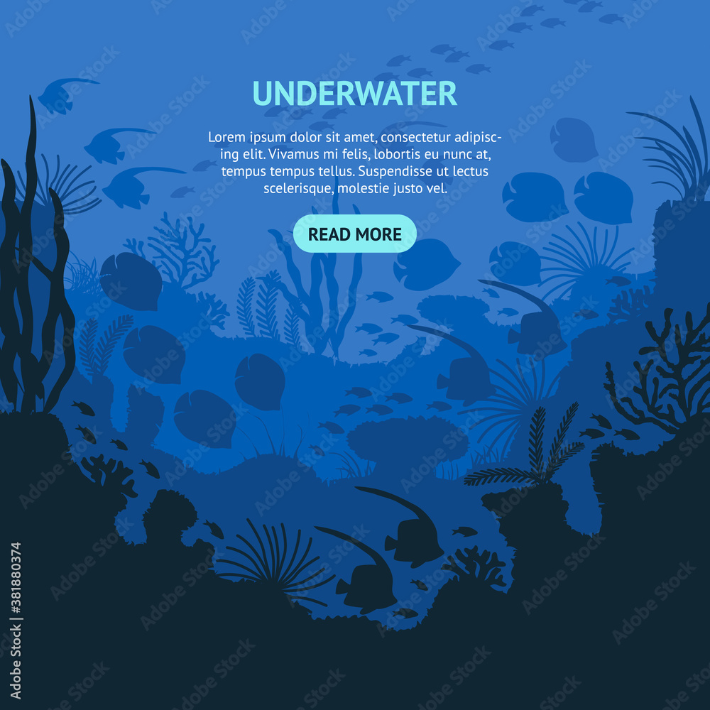 Fotografie Cartoon Underwater Blue Ocean Concept Card. Vector