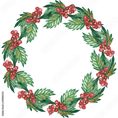 Watercolor hand painted nature winter holiday circle frame with holly branches red berries green leaves wreath composition on the white background for invite and greeting card with the space for text