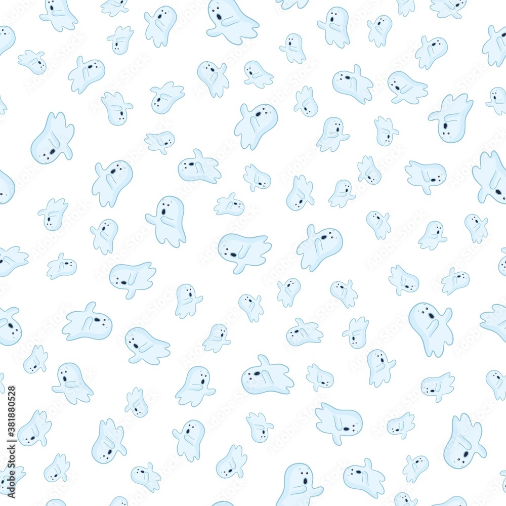 Fototapeta premium Halloween background. Seamless pattern of cute cartoon ghosts with different faces.