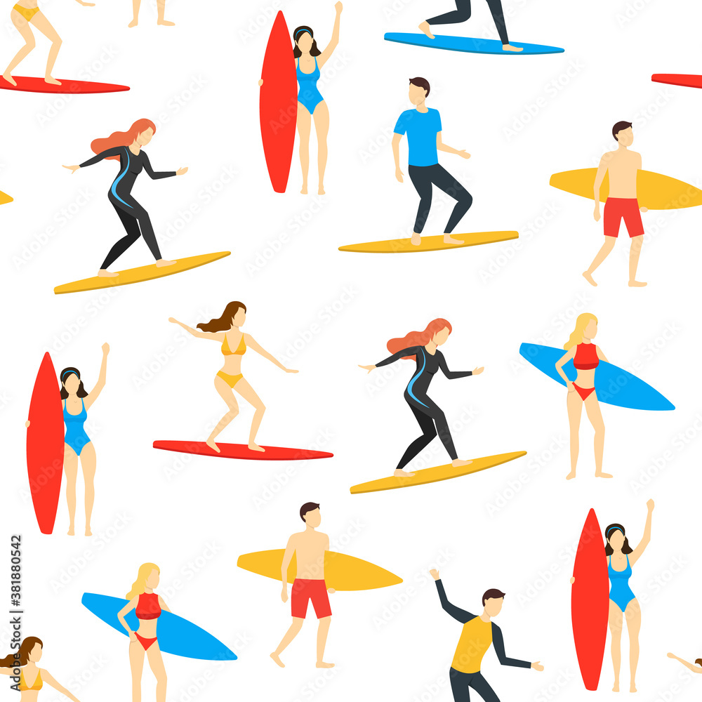 Cartoon Different Characters People Surfers Seamless Pattern Background. Vector