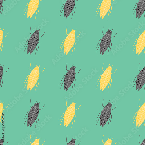 Grey and yellow contoured bugs ornament seamless pattern. Light turquoise background. Nature print.