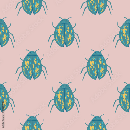 Biology seamless pattern with blue folk bugs ornament. Wildlife stylized print with light pink background.