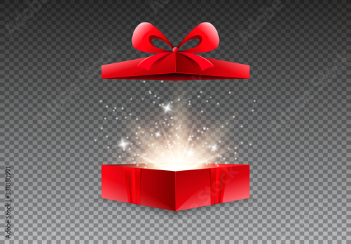 Opened gift box with red bow. Big present with glowing lights. 