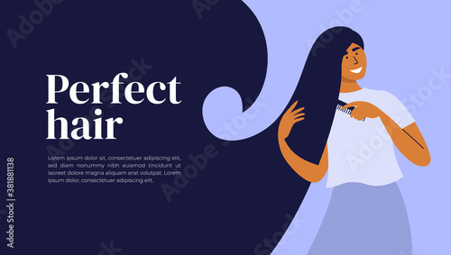 Care for long hair concept. Layout design with text and young woman combing, making hairdo by comb. Portrait of cute girl with beautiful perfect hair. Self hairdresser. Hairstyle vector illustration