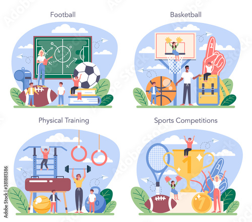 Physical education or school sport class concept set. Students