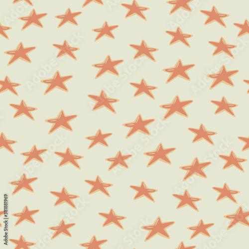 Random seamless pattern with orange cookies in star shapes. New year geometric dessert on light grey background.