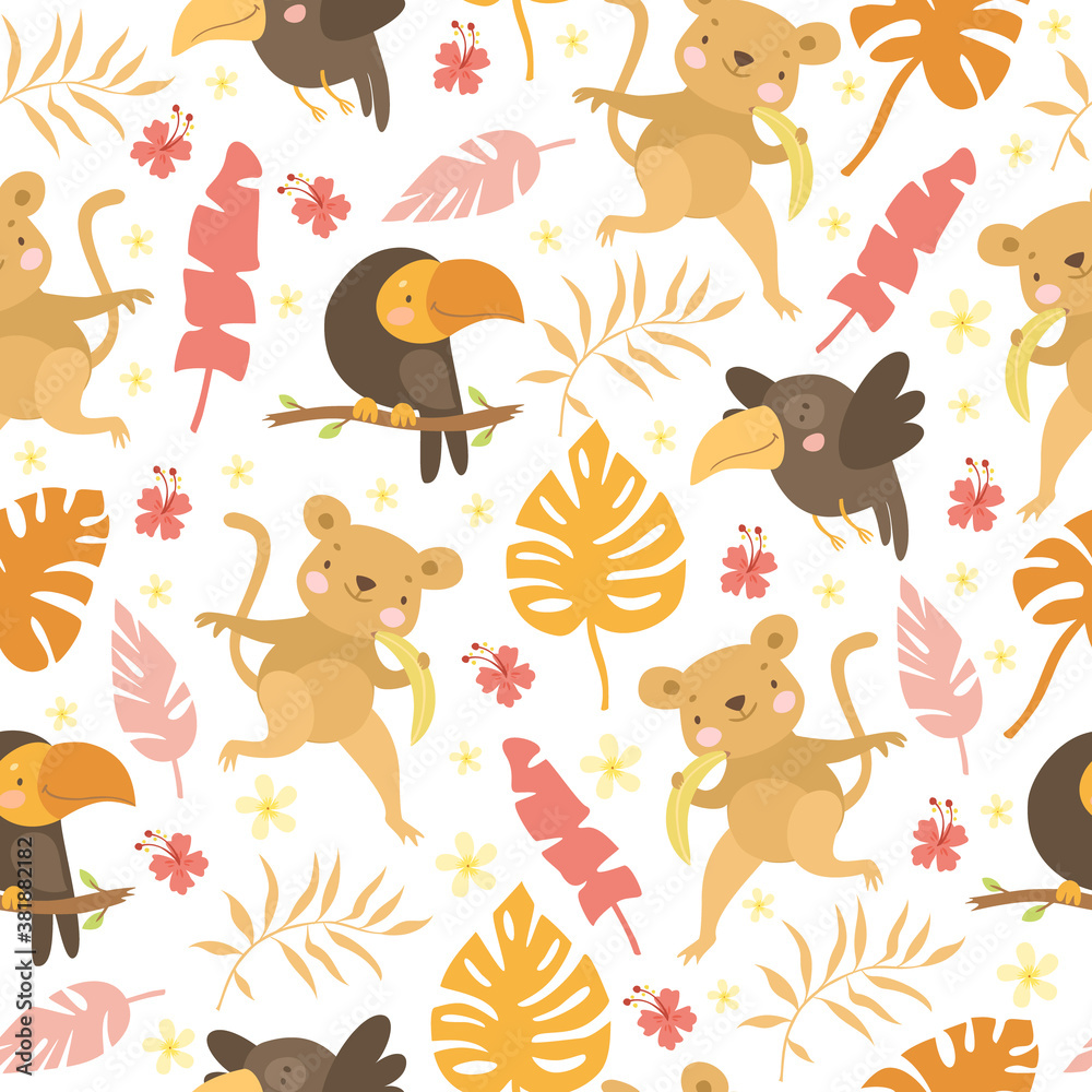 vector exotic pattern with palm leaves and safari animals. cute funny animals kids. baby monkeys and parrot vector exotic pattern with palm leaves and safari animals. cute funny animals kids. baby monkeys and parrot