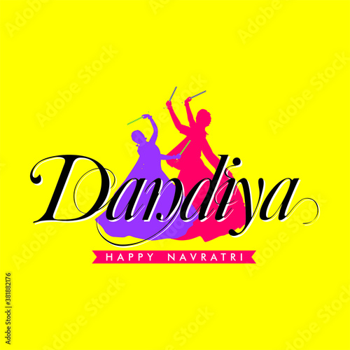Dandiya Typography - 2 Women Playing Dandiya Dance in Navratri Festival