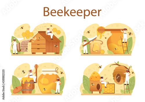 Hiver or beekeeper concept set. Professional farmer with hive and honey