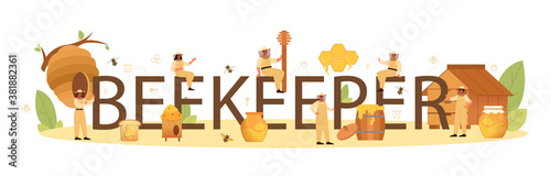 Beekeeper typographic header. Professional farmer with hive