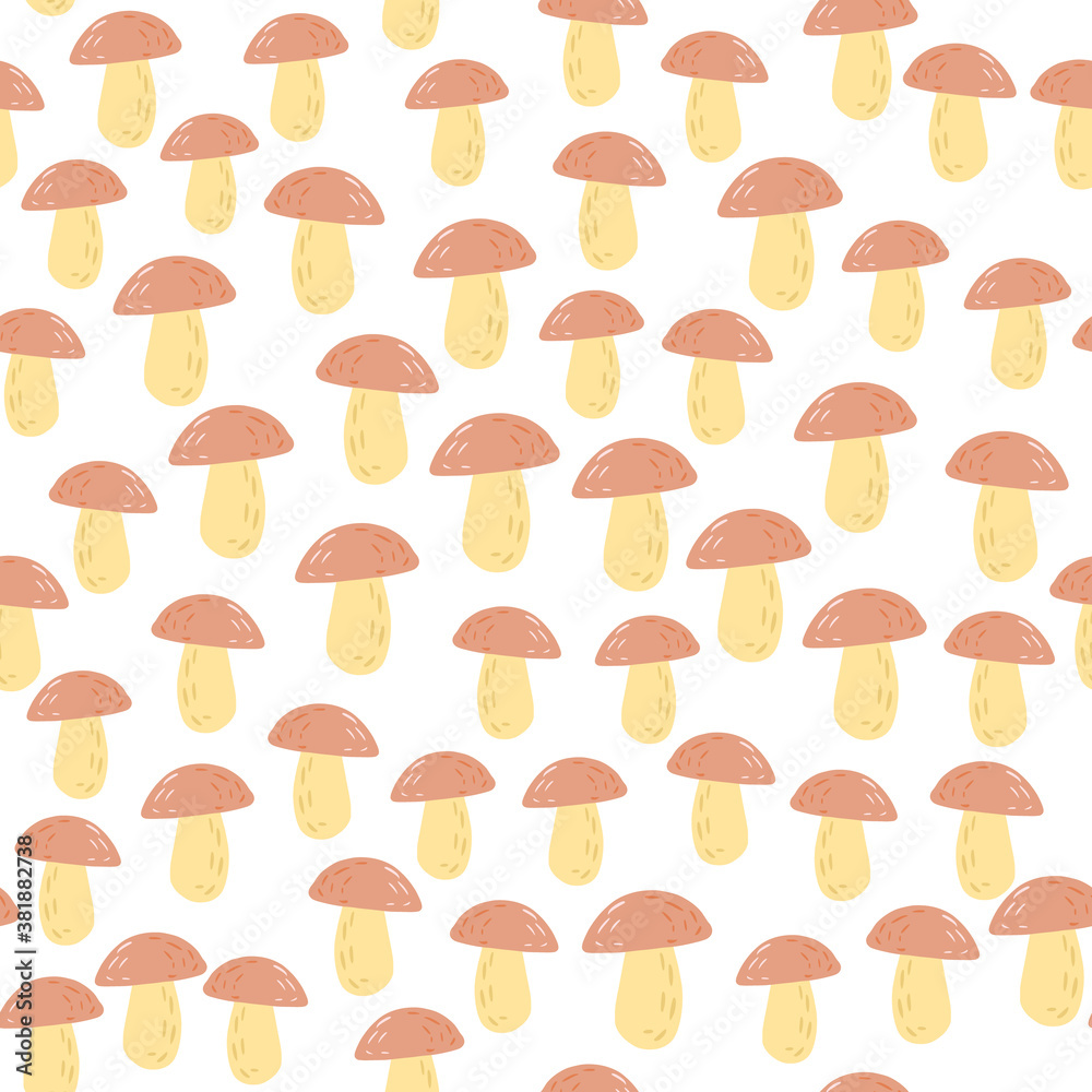 Isolated little mushrooms seamless pattern. Doodle forest elements in orange tones on white background. Isolated little mushrooms seamless pattern. Doodle forest elements in orange tones on white background.